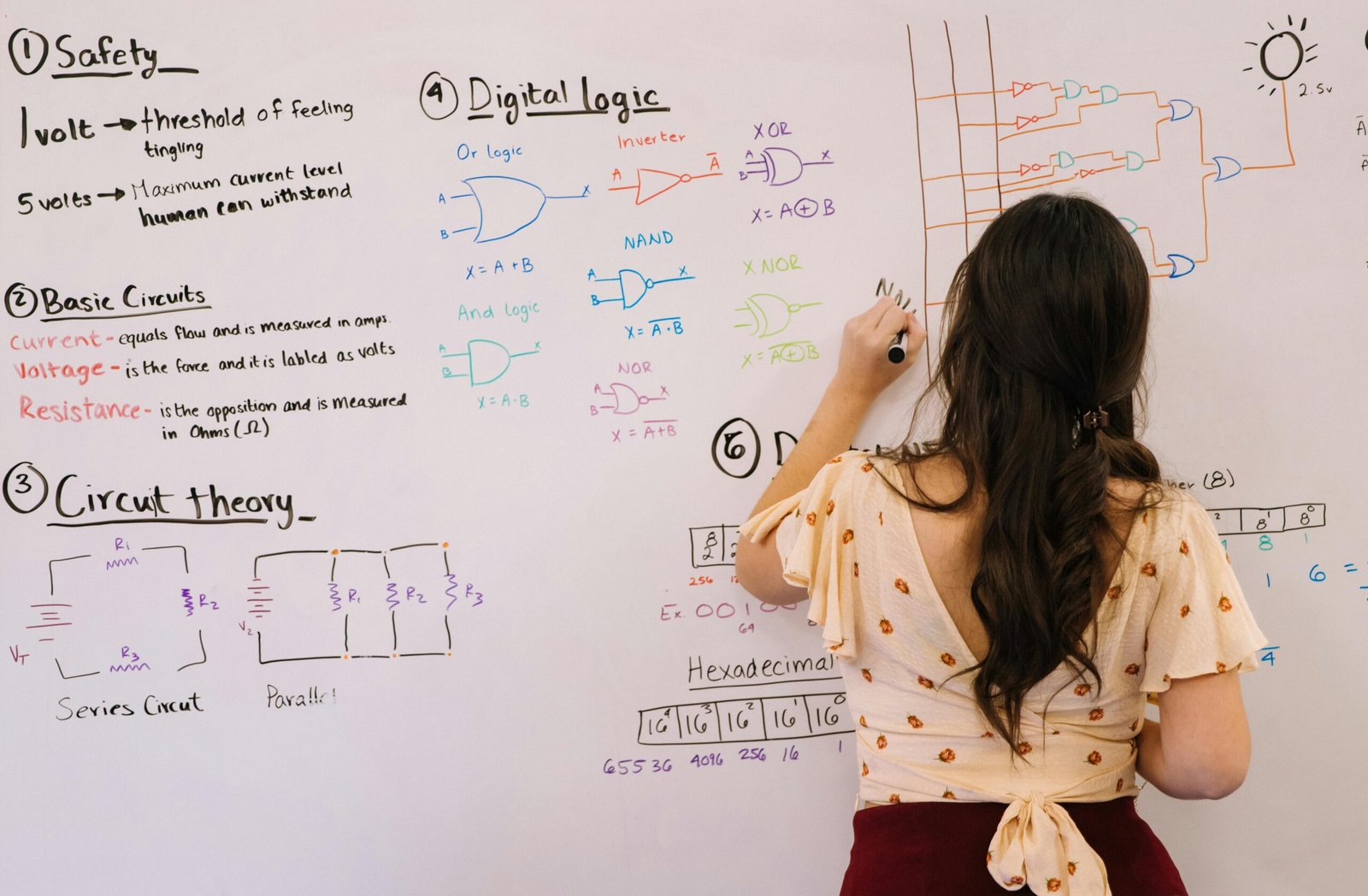 Female student writing circuit diagrams and logic gates in an educational setting on a whiteboard.
